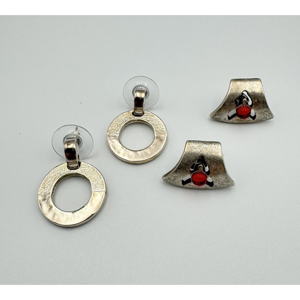 Chicos 2 Pair Lot Earrings Silver Tone Post Pierced Drop Brutalist Red Cabochon